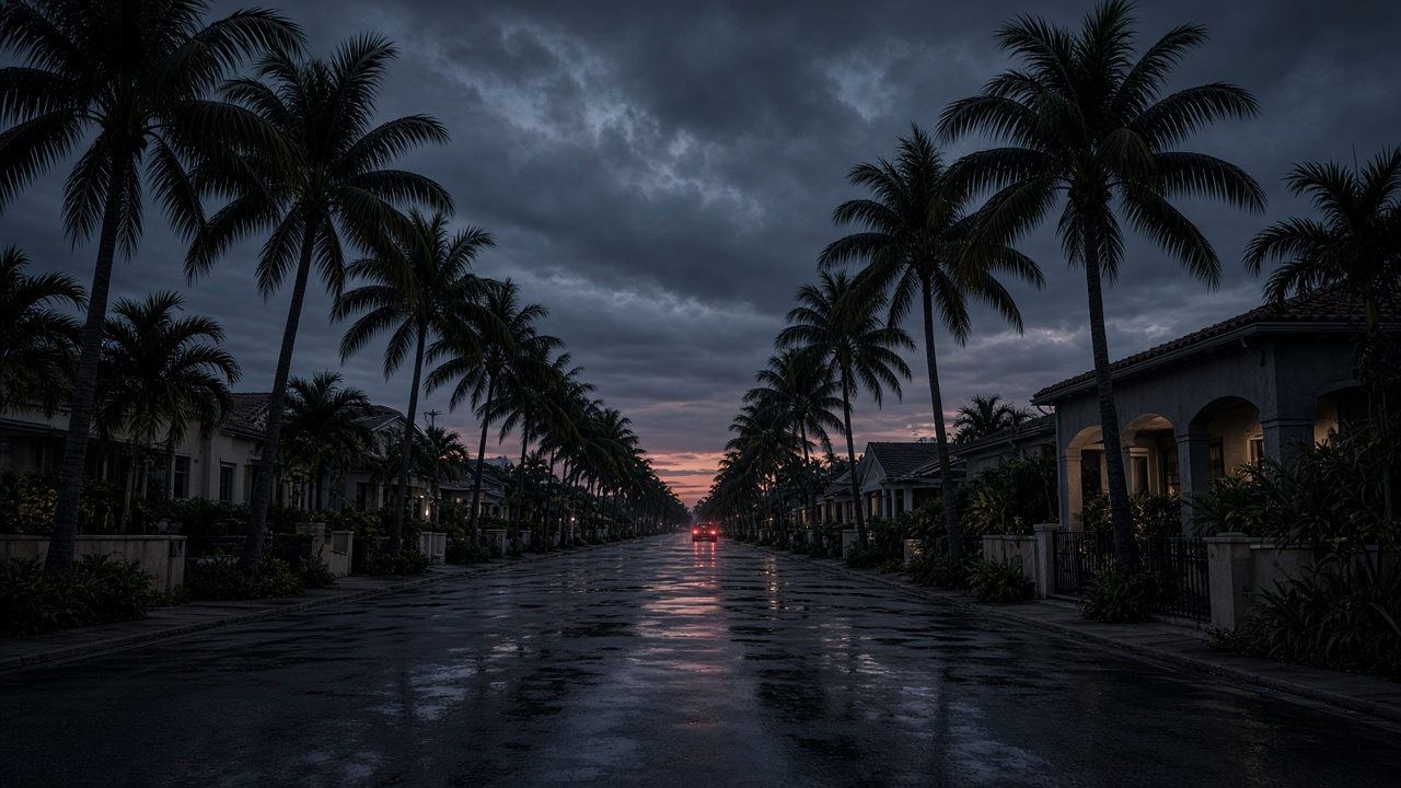 Una calle residencial de Miami al anochecer, con palmeras.