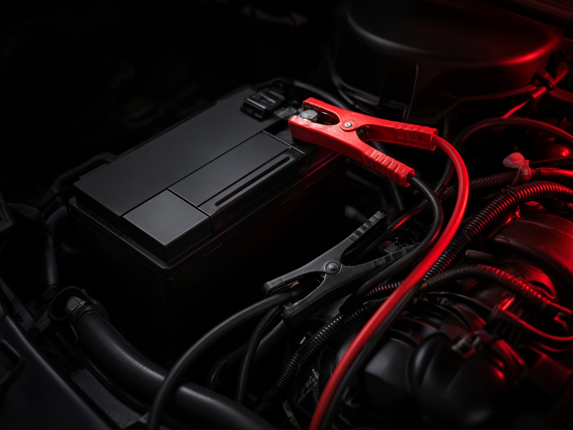 Una batería y cables de arranque en el vano del motor.